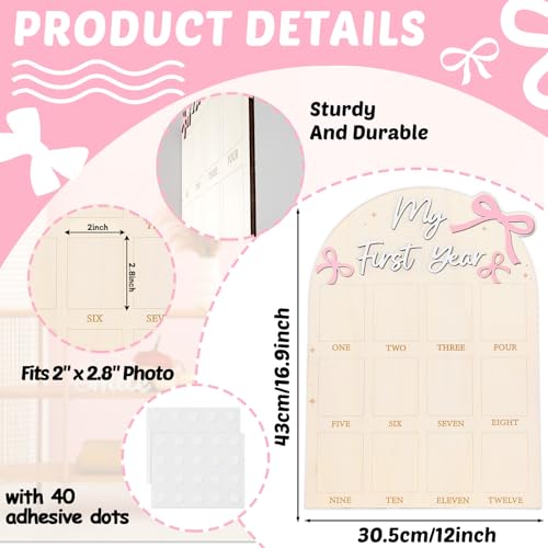 Pink Bow Baby First Year Photo Board - 12 Monthly Milestone Wooden Frame