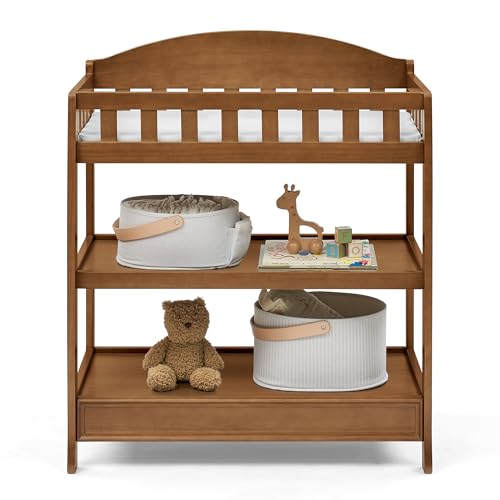 Infant Wooden Changing Table with Pad & 2 Storage Shelves - Chestnut