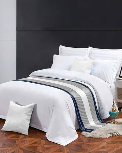 Navy Blue Grey Striped Bed Runner for Queen Bed - 94"x20" Satin Scarf