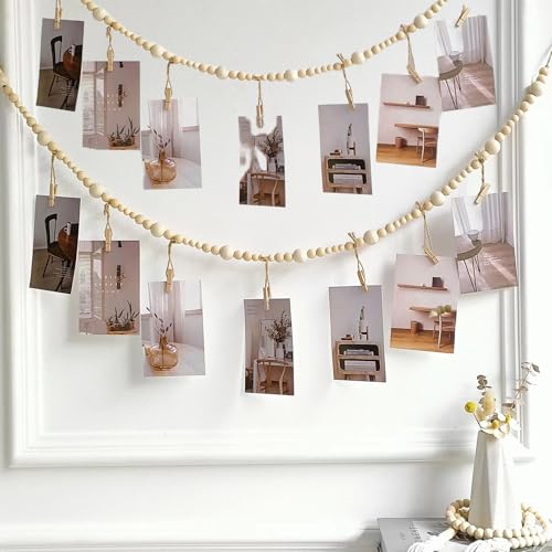2PCS Boho Hanging Photo Display with Wood Beads and Clips, 47.2-inch Wall Decor