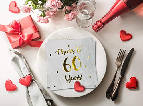 White Cheers to 60 Years Cocktail Napkins | 50-Pack, 3-Ply, 5x5 Inch | Happy Palace