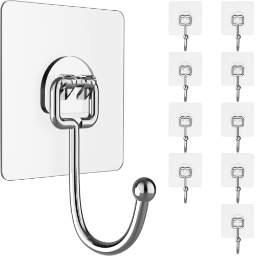 Heavy-Duty Adhesive Wall Hooks - 10 Pack Clear Traceless Hangers