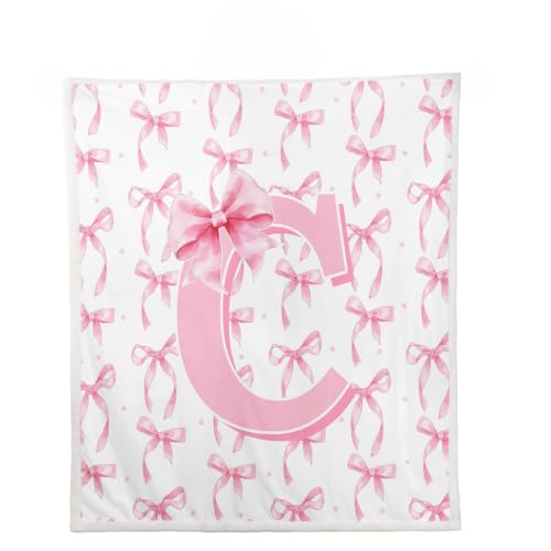 Pink C & White Bow Blanket Throw 50x60 Fleece & Sherpa Kids Teen Girl Decor