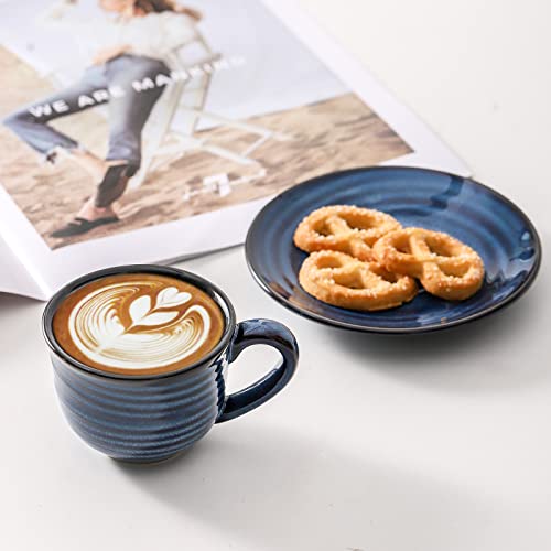 HASENSE Navy Blue 4oz Espresso Cups Set of 4 with Saucers - Small Ceramic Coffee Mugs for Espresso, Cappuccino, Tea, Latte