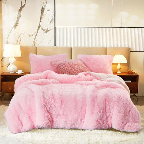 Reversible Plush Shaggy Comforter Set - Twin Size, Pink, 3 Pieces