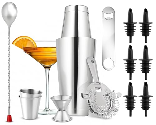 NutriChef 15 Piece Cocktail Shaker Set with 30 & 15 oz Stainless Steel Shakers, Pourers & Bar Tools - Essential Bartender Kit
