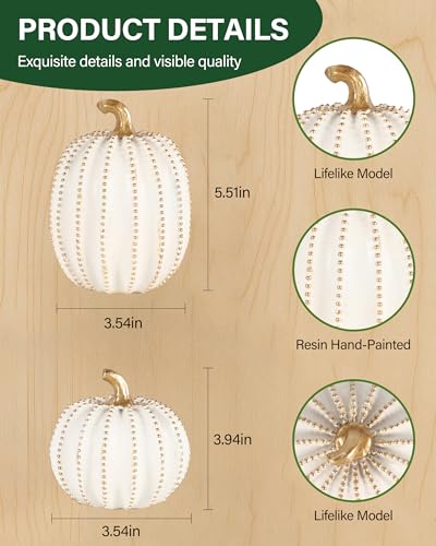 Set of 2 White & Gold Decorative Pumpkins for Fall Decor