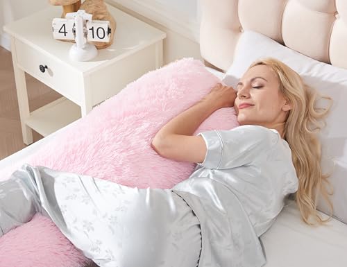 Fluffy Full Body Pillow with Memory Foam, Pink 20x54 - Removable Cover & Machine Washable