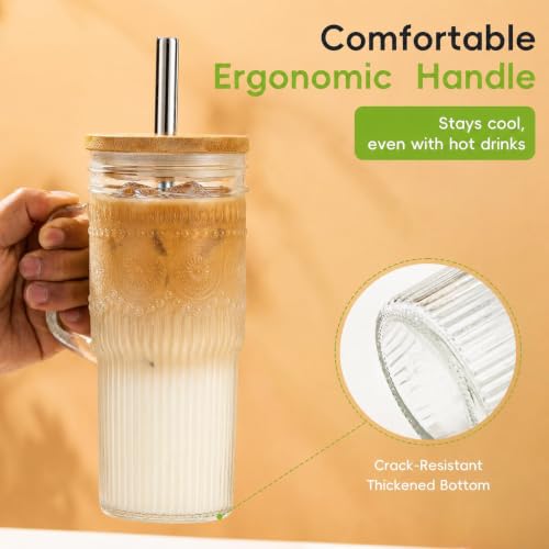 24 oz Glass Tumbler with Handle, Bamboo Lid, and Straw - Boho Iced Coffee Cup
