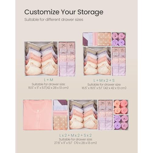 SONGMICS Drawer Organizer,Dresser Drawer Organizers, Set of 12, Foldable Fabric Storage Bins for Socks, Underwear, Bras, Ties, Scarves, Cloud White URDZ006W02