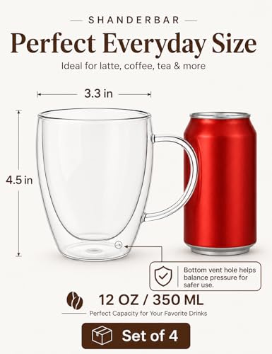 Shanderbar 12oz Double Walled Glass Coffee Mugs Set of 4 with Handles