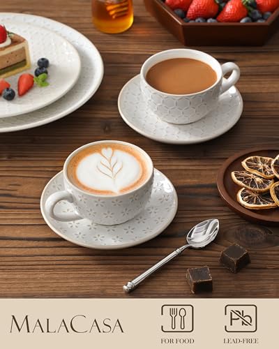 MALACASA 6 oz Cappuccino Cups & Saucers Set - Embossed Latte Mug Set of 4