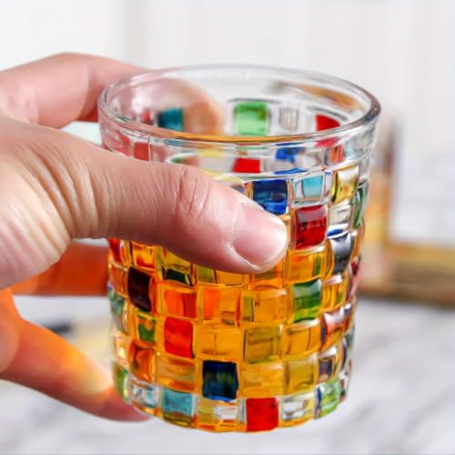 Hand-Painted Colorful Glass Tumblers, Set of 6 Textured Drinking Glasses