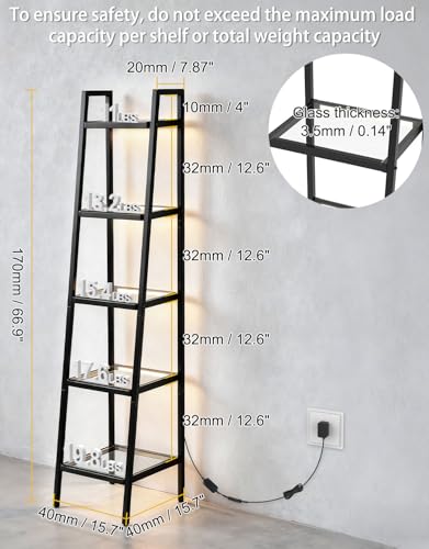 5-Tier Glass Display Shelf with RGB LED Lights, 67-inch Ladder Bookshelf