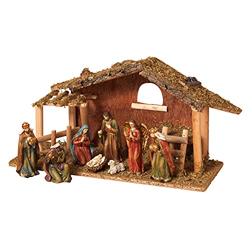 15.25-Inch Nativity Scene Stable with 9 Resin Figurines Christmas Decor