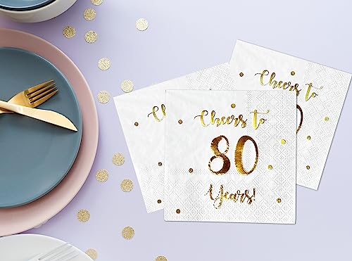 Cheers to 80 Years Cocktail Napkins - Gold Foil 80th Birthday Party Supplies