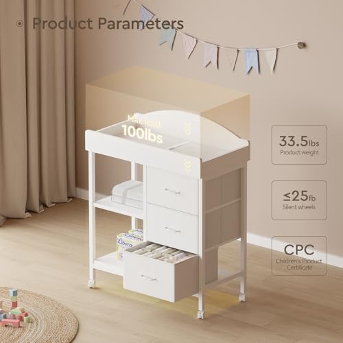Baby Changing Table Dresser with 3 Drawers, 2 Shelves and Changing Pad