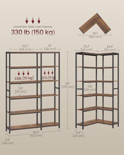 6-Tier Industrial Corner Bookshelf, Convertible Storage Organizer, Rustic