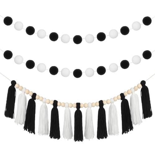 Black and White Tassel and Felt Pom Pom Garland Set for Party Decor