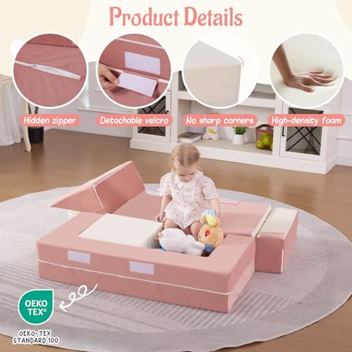 Modular Kids Foam Climbing Blocks and Soft Play Sofa Set, Beige & Pink