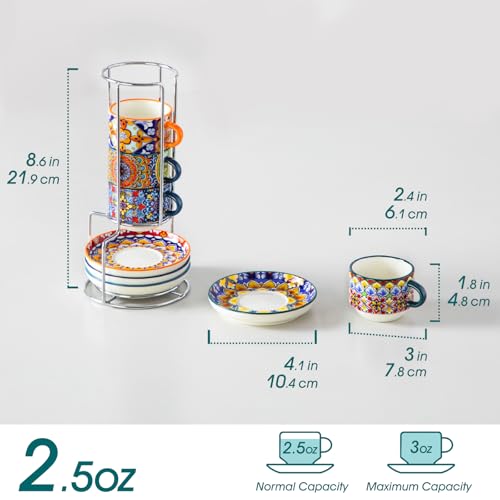 Vancasso Bohemian 2.5oz Stackable Espresso Cup Set of 4 with Saucers