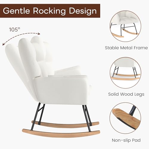 Nursery Rocking Chair with Cotton Fabric, Padded Seat & Anti-Tip Design