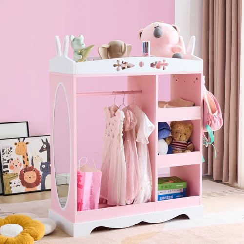 Kids Rabbit-Shaped Dress Up Wardrobe with Mirror, Hooks, and Storage Shelves