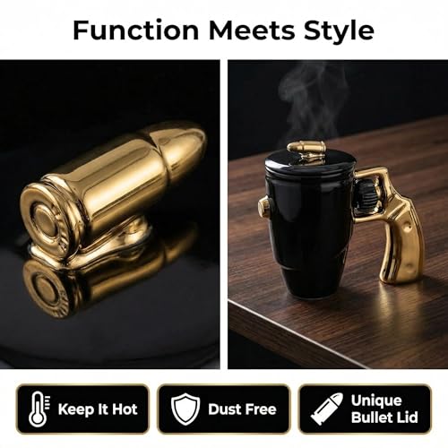 LUCYLANKER Revolver Gun Mug with Lid - 16 oz Gold Ceramic Coffee Tea Cup with Spin Handle, Novelty Gun Gift for Men & Enthusiasts