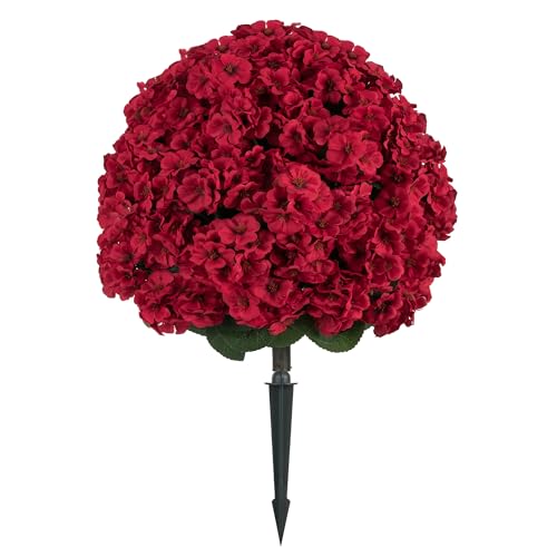 Set of 2 Artificial Red Geraniums with Ground Stakes, 29-Inch Outdoor Faux Plants