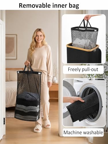 110L Large Laundry Hamper with Lid & Bamboo Handles - Collapsible Basket