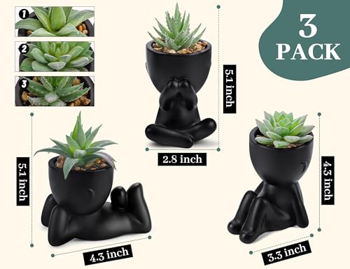 3-Pack Artificial Mini Succulents in Black Human-Shaped Pots for Desk Decor
