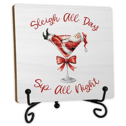 Santa Martini Christmas Wood Desk Sign with Stand - 5x5in, Red Bow, SkipTiger (Variation: Santa Martini)