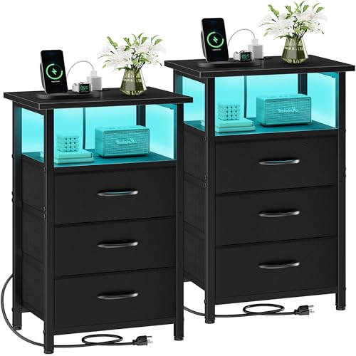Set of 2 LED Nightstands with Charging Station, 3-Drawer Bedside Side Table