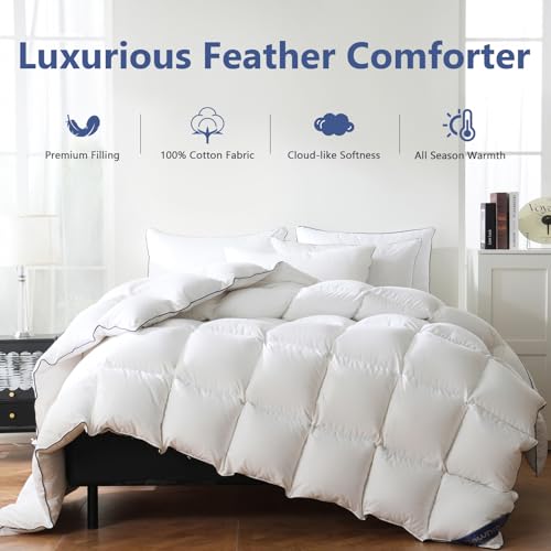 Luxurious King Size Feather Comforter - 100% Cotton, All Season, Soft & Fluffy
