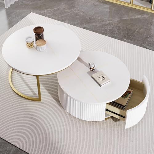 Modern Round Nesting Coffee Table Set with Storage Drawer, White and Gold