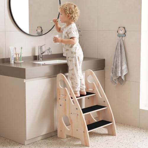 Adjustable Wooden Toddler Step Stool with Handles and Non-Slip Pads