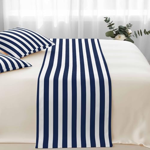 DecorLovee Navy Blue Striped Bed Runners for King Size with 2