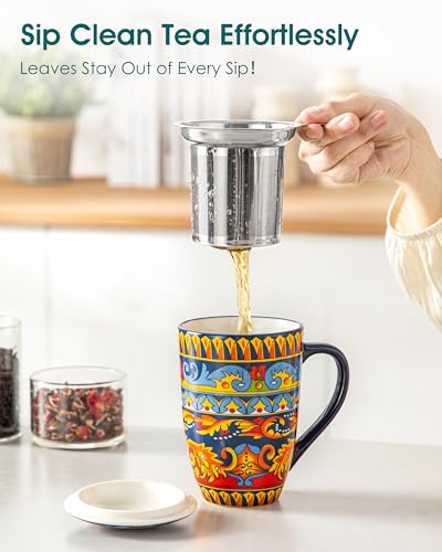 Vancasso Midnight Peacock 18 oz Tea Infuser Mug with Lid - Elegant Ceramic Coffee & Tea Cup