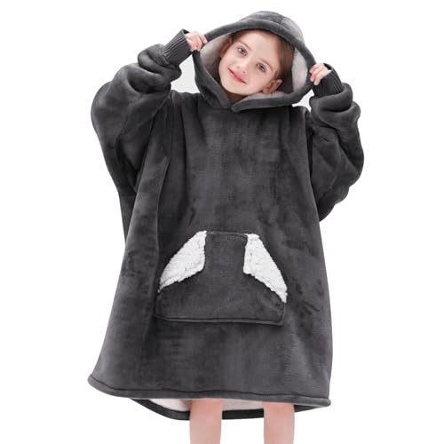 Touchat Grey Wearable Blanket Hoodie for Kids & Teens 6-13, Oversized Sherpa Fleece with Pocket