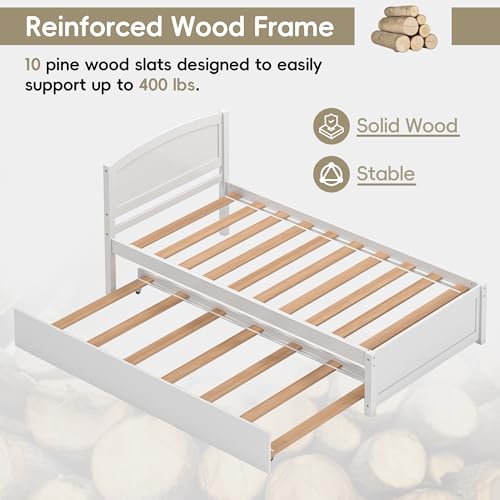 Twin Size Wooden Trundle Bed Frame with Pull-Out Bed - White