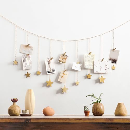 Boho Hanging Photo Display with Gold Star Garland and 25 Wood Clips