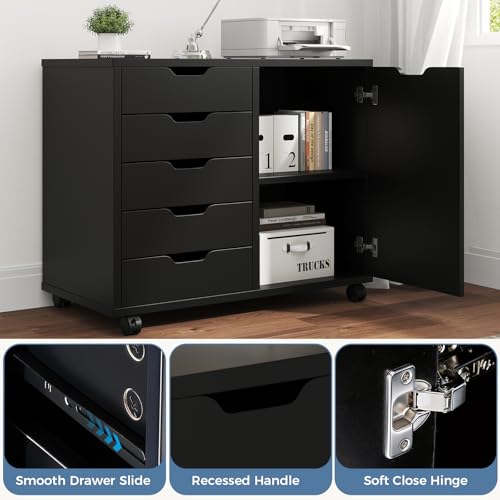 5-Drawer Mobile File Cabinet & Printer Stand with Adjustable Shelf, Black
