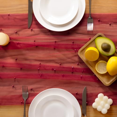 Pearl Gauze Table Runner 10ft for Wedding & Party Decor - Red