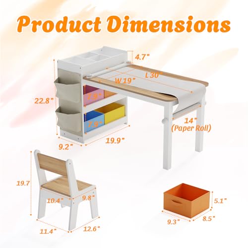 Kids Art Table and 2 Chairs Set with Storage Bins and Paper Roll