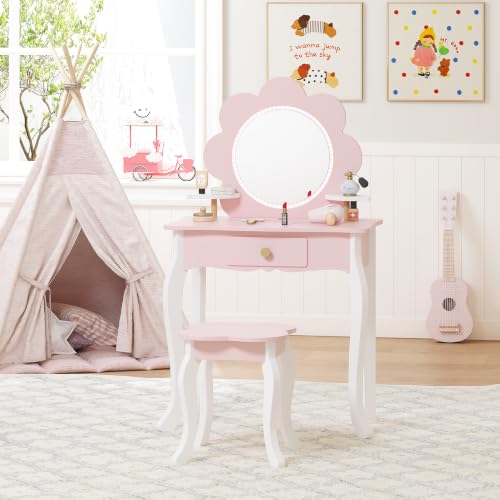 Kids Vanity Set with LED Flower Mirror and Stool - Pastel Pink