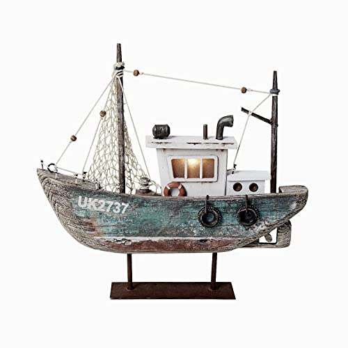 Rustic Wood Sailboat Decor with LED Lights, Nautical Tabletop Ornament