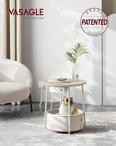 Round Side Table with Charging Station and Fabric Storage Basket