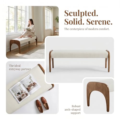 51" Extra Long Upholstered Bench, Cream Linen Seat with Walnut Wood Legs