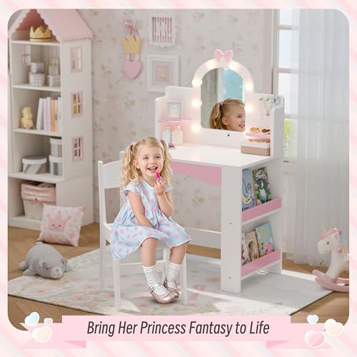 Kids Vanity Table and Chair Set with LED Mirror and Storage, White