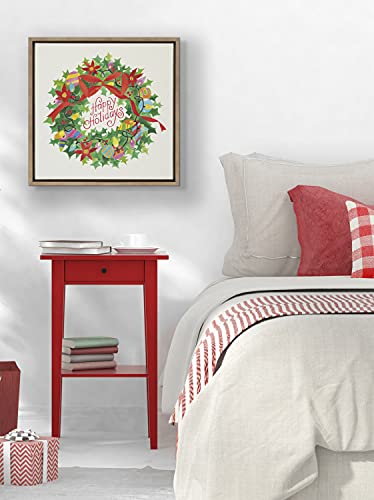 Kate and Laurel Xmas Wreath Holiday Wall Art 22x22 Linen Canvas Framed Decor